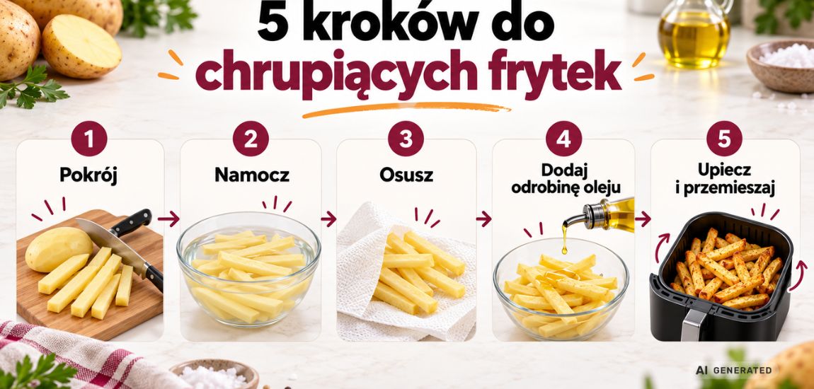 5 kroków do chrupiących frytek – pokrój, namocz, osusz, dodaj odrobinę oleju, upiecz i przemieszaj