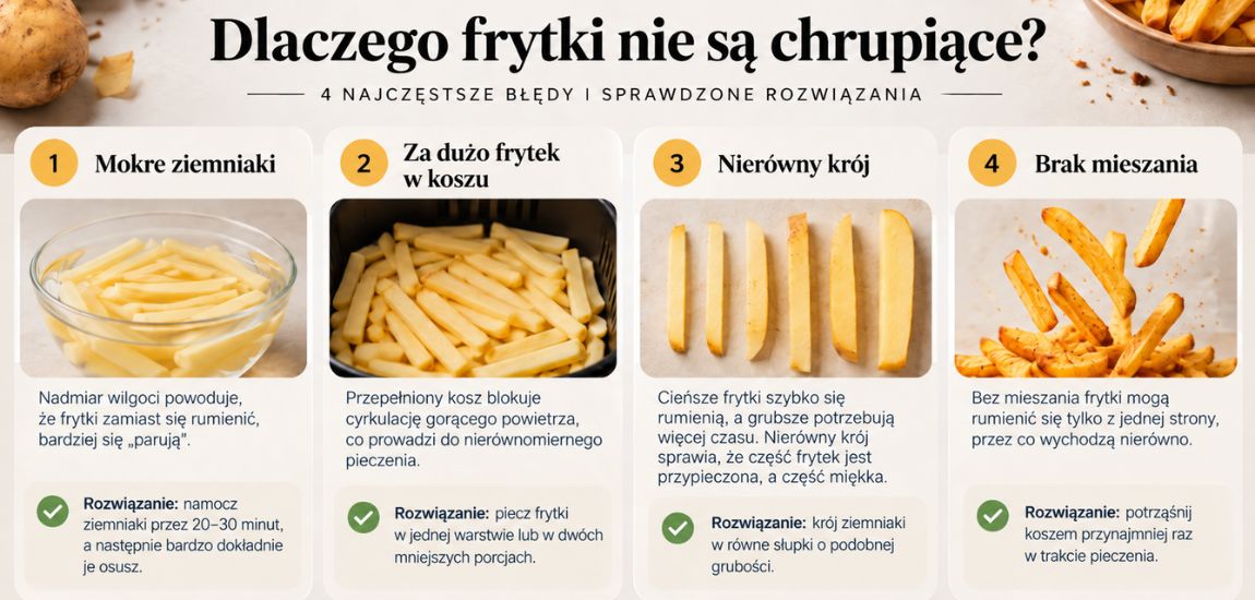 Dlaczego frytki nie są chrupiące? 4 najczęstsze błędy – mokre ziemniaki, za dużo frytek, nierówny krój, brak mieszania