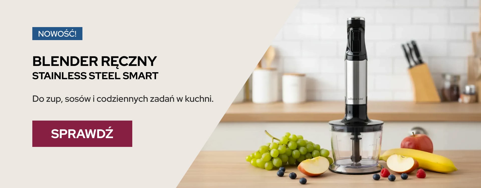 Blender ręczny Kohersen, obudowa korpusu - stal nierdzewna, mocny silnik 1200W